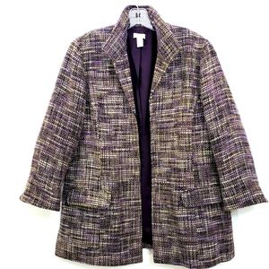 CHICOS Tweed Longline Plum/Green/Silver Metalic Blazer / Jacket